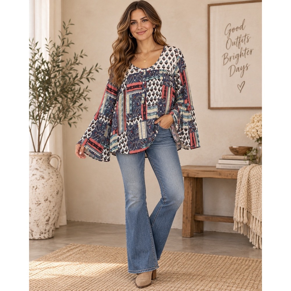 Massini Womens Boho Patchwork Paisley Bell Sleeve Blouse Top Blue Red Large